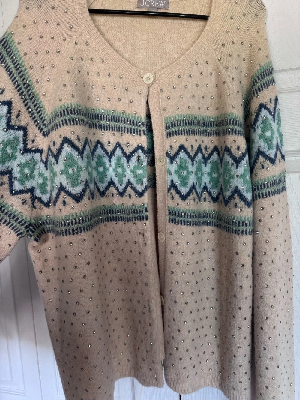 Crystal-embellished Fair Isle cardigan sweater in Supersoft yarn
